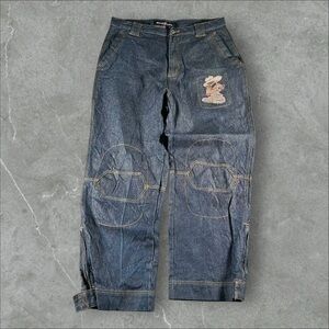 CoolJ Jeans Mens 38x32 Blue Y2K Embroidered Baggy Wide Leg Grunge Skater Cartoon